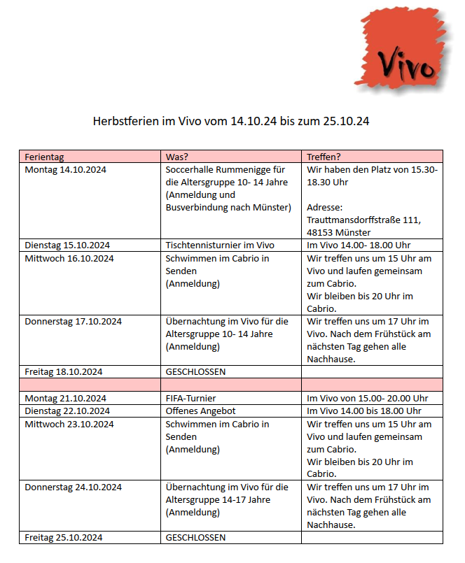 Vivo Herbstferien 2024